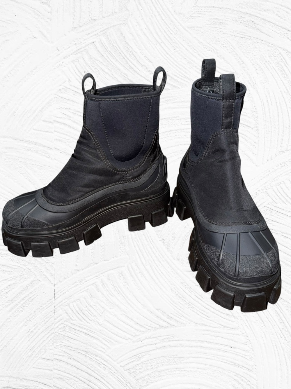 Prada Mens US 9/UK 8 Monolith Nylon Rubber Gabardine Lug Sole Boots Black